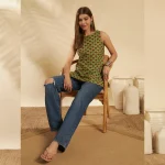 New Green Cotton Sleeveless Kurti Floral Summer Tunic Top - Image 5