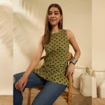 New Green Cotton Sleeveless Kurti Floral Summer Tunic Top