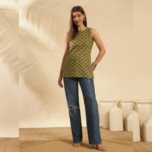 New Green Cotton Sleeveless Kurti Floral Summer Tunic Top - Image 4