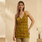 Olive Green Floral Cotton Kurti Women Summer Sleeveless Top - Image 2