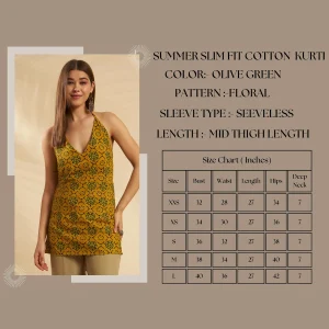 Olive Green Floral Cotton Kurti Women Summer Sleeveless Top - Image 10
