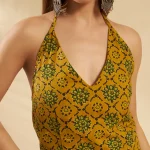 Olive Green Floral Cotton Kurti Women Summer Sleeveless Top - Image 4