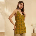 Olive Green Floral Cotton Kurti Women Summer Sleeveless Top - Image 5