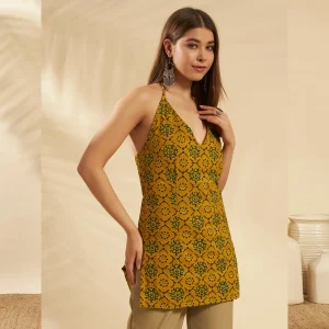 Olive Green Floral Cotton Kurti Women Summer Sleeveless Top - Image 5