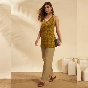 Olive Green Floral Cotton Kurti Women Summer Sleeveless Top - Image 6