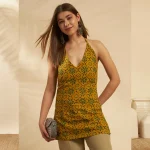 Olive Green Floral Cotton Kurti Women Summer Sleeveless Top