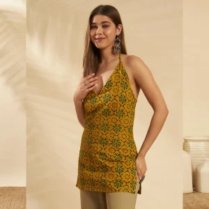 Olive Green Floral Cotton Kurti Women Summer Sleeveless Top - Image 7