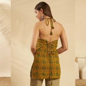 Olive Green Floral Cotton Kurti Women Summer Sleeveless Top - Image 8