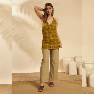 Olive Green Floral Cotton Kurti Women Summer Sleeveless Top - Image 9