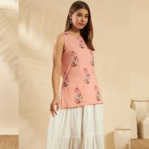 Peach Paisley Print Office Wear Cotton Top / Kurti - Image 4