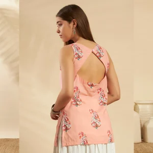 Peach Paisley Print Office Wear Cotton Top / Kurti - Image 8