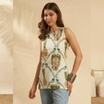 Pineapple & Parrot Print White Summer Top Cotton Sleeveless Kurti - Image 2