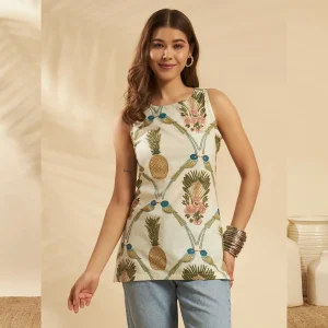 Pineapple & Parrot Print White Summer Top Cotton Sleeveless Kurti - Image 3