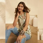 Pineapple & Parrot Print White Summer Top Cotton Sleeveless Kurti