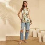 Pineapple & Parrot Print White Summer Top Cotton Sleeveless Kurti - Image 8