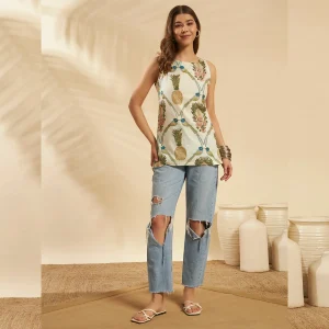 Pineapple & Parrot Print White Summer Top Cotton Sleeveless Kurti - Image 8