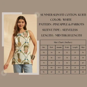 Pineapple & Parrot Print White Summer Top Cotton Sleeveless Kurti - Image 9