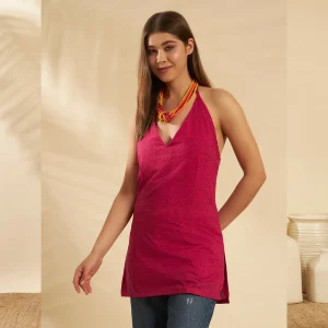 Traditional Hand Block Paisley Print Pink Cotton Kurti / Top - Image 3