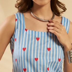 Women Beach & Summer Wear Kurti Blue Striped & Heart Print Tunic - Image 3