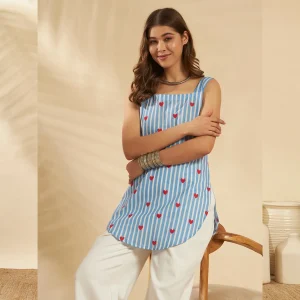 Women Beach & Summer Wear Kurti Blue Striped & Heart Print Tunic - Image 5