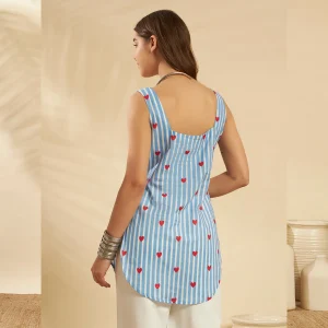 Women Beach & Summer Wear Kurti Blue Striped & Heart Print Tunic - Image 6