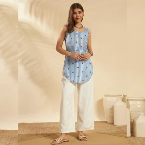Women Beach & Summer Wear Kurti Blue Striped & Heart Print Tunic - Image 7