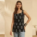 Women Cotton Black Paisley Sleeveless Kurti Square Neck Top