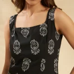 Women Cotton Black Paisley Sleeveless Kurti Square Neck Top - Image 4