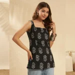 Women Cotton Black Paisley Sleeveless Kurti Square Neck Top - Image 3