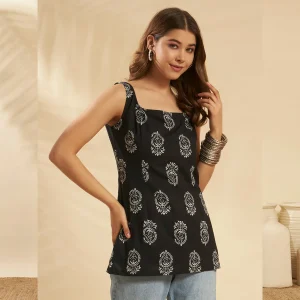Women Cotton Black Paisley Sleeveless Kurti Square Neck Top - Image 3