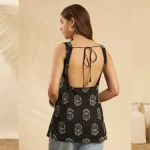 Women Cotton Black Paisley Sleeveless Kurti Square Neck Top - Image 7