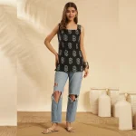 Women Cotton Black Paisley Sleeveless Kurti Square Neck Top - Image 6