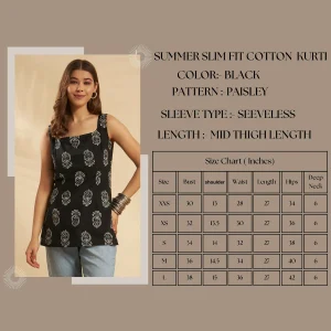 Women Cotton Black Paisley Sleeveless Kurti Square Neck Top - Image 8