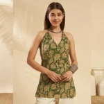 Women Cotton Floral Halter Neck Kurti Summer Green Tunic - Image 2