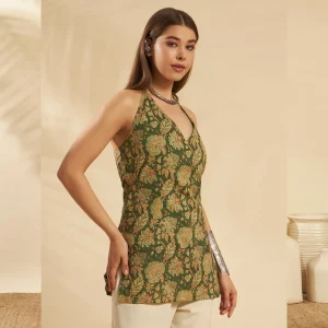 Women Cotton Floral Halter Neck Kurti Summer Green Tunic - Image 4