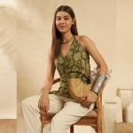Women Cotton Floral Halter Neck Kurti Summer Green Tunic