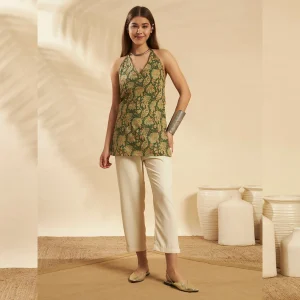 Women Cotton Floral Halter Neck Kurti Summer Green Tunic - Image 5