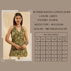 Women Cotton Floral Halter Neck Kurti Summer Green Tunic - Image 9