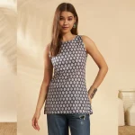 Women Cotton Sleeveless Kurti Tunic Top Gray Floral Print - Image 2