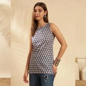 Women Cotton Sleeveless Kurti Tunic Top Gray Floral Print - Image 3