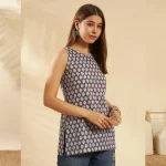 Women Cotton Sleeveless Kurti Tunic Top Gray Floral Print - Image 4
