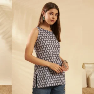 Women Cotton Sleeveless Kurti Tunic Top Gray Floral Print - Image 4