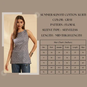 Women Cotton Sleeveless Kurti Tunic Top Gray Floral Print - Image 9