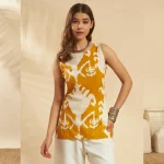 Women Cotton Summer Kurti Mustard Yellow Ikat Print Tunic - Image 2