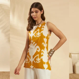 Women Cotton Summer Kurti Mustard Yellow Ikat Print Tunic - Image 3