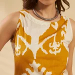 Women Cotton Summer Kurti Mustard Yellow Ikat Print Tunic - Image 4