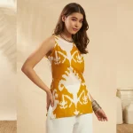 Women Cotton Summer Kurti Mustard Yellow Ikat Print Tunic - Image 5