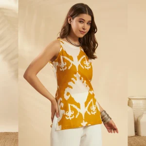 Women Cotton Summer Kurti Mustard Yellow Ikat Print Tunic - Image 5