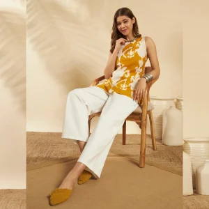 Women Cotton Summer Kurti Mustard Yellow Ikat Print Tunic - Image 6