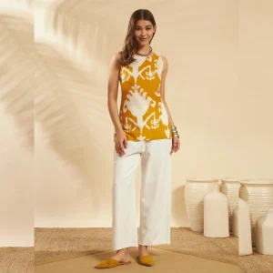 Women Cotton Summer Kurti Mustard Yellow Ikat Print Tunic - Image 7